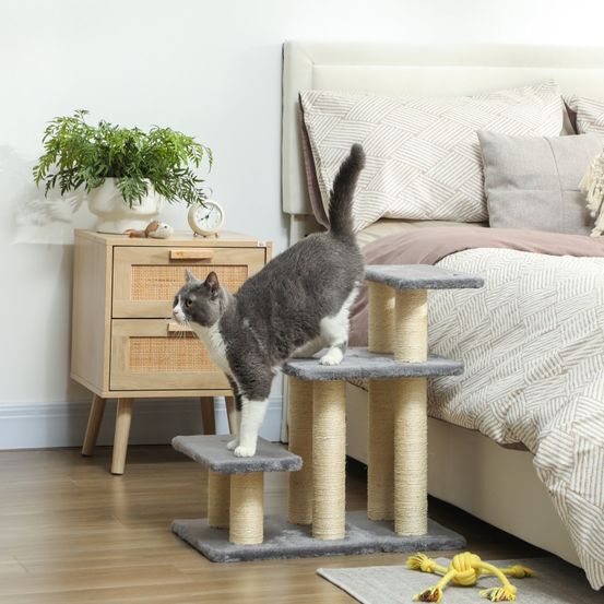 Escalier pour chien et chat 3 marches 54 cm avec griffoirs en sisal et jouet gris – comfortxl outdoor living