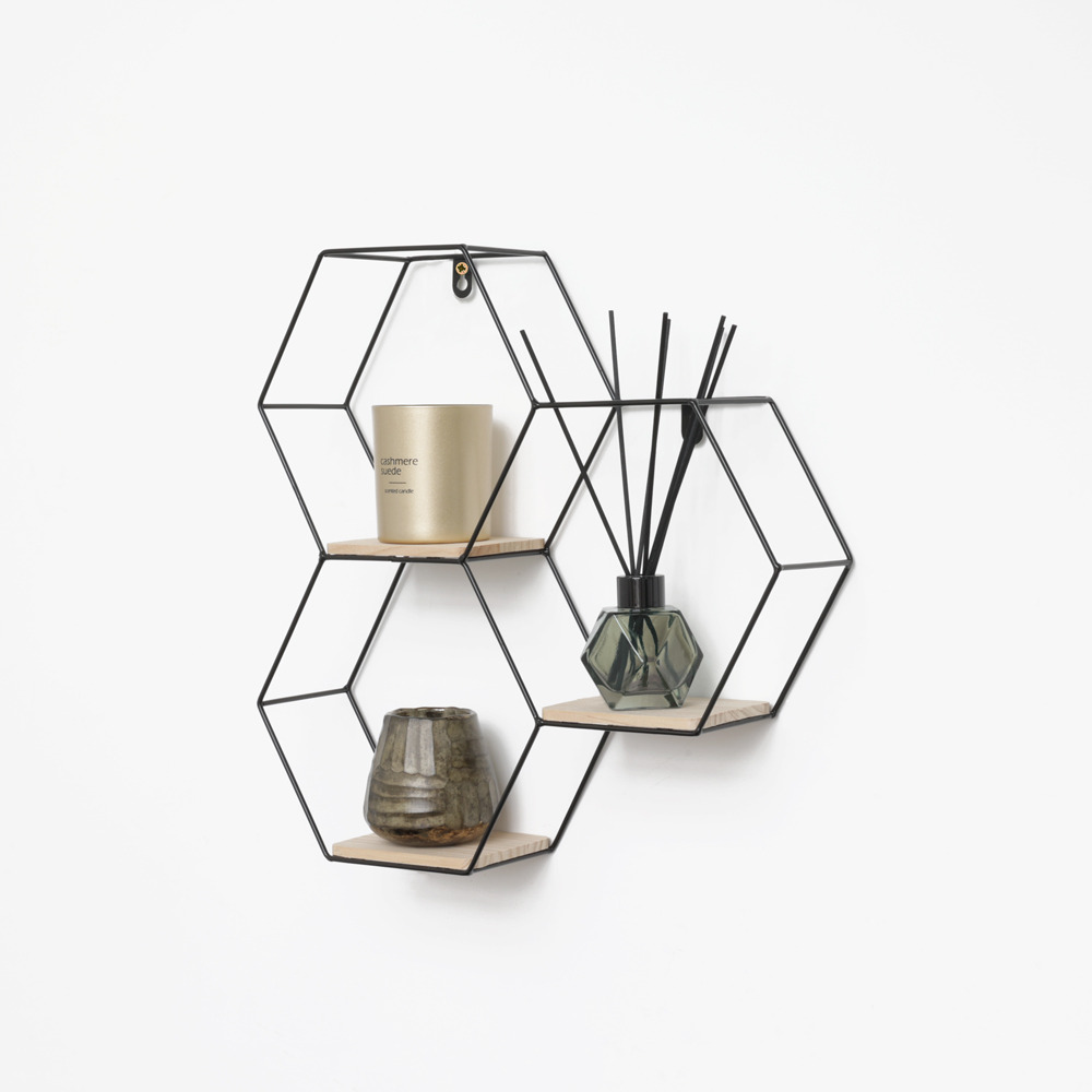 Etagère murale triple hexagonale en métal - 40,5x41 cm - noir