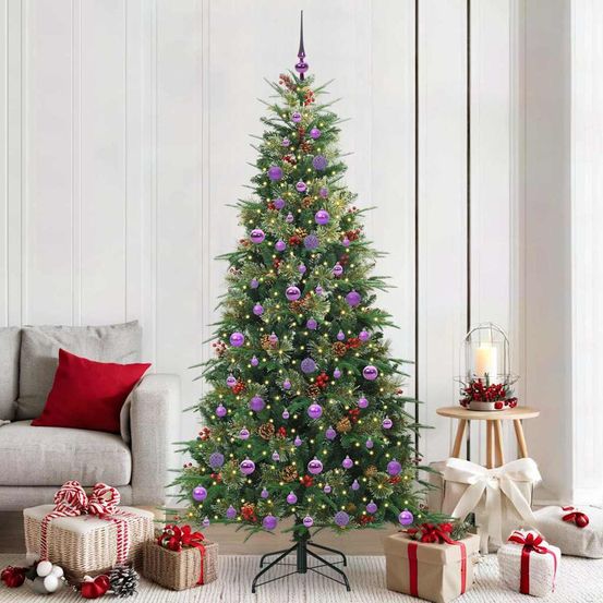 Sapin de noël artificiel lumineux 210 cm, kit complet avec 120 boules et guirlande 300 led