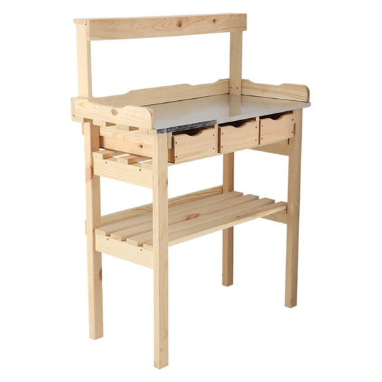 Table à rempoter en pin avec plateau zinc 3 tiroirs + étagère supérieure