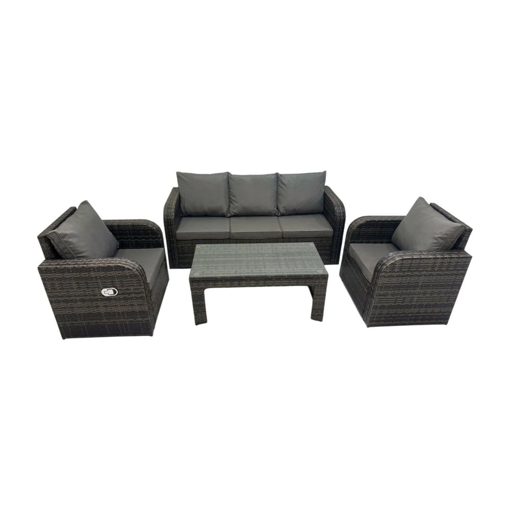 Ensemble de meubles de jardin en polyrotin 5 places avec table basse rectangulaire chaise inclinable canapé 3 places