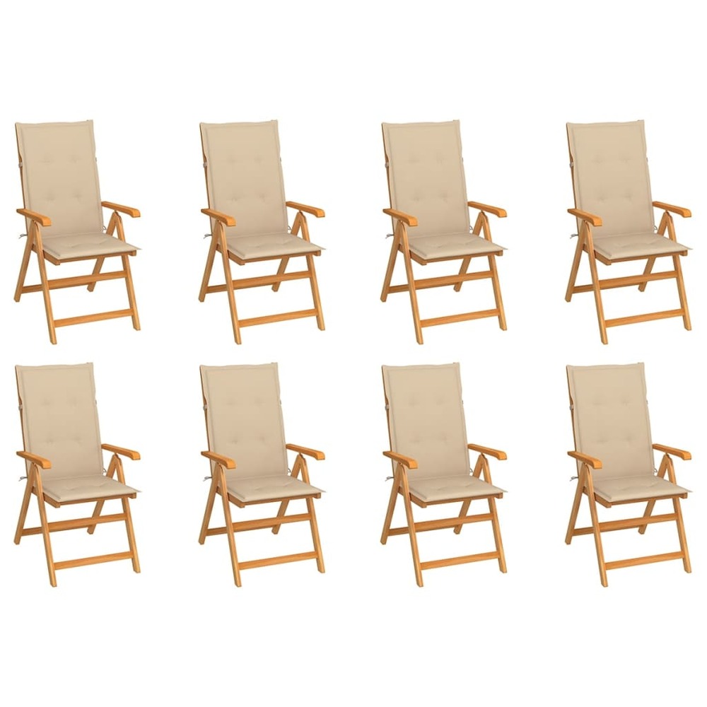 Chaises inclinables de jardin et coussins lot de 8 teck solide