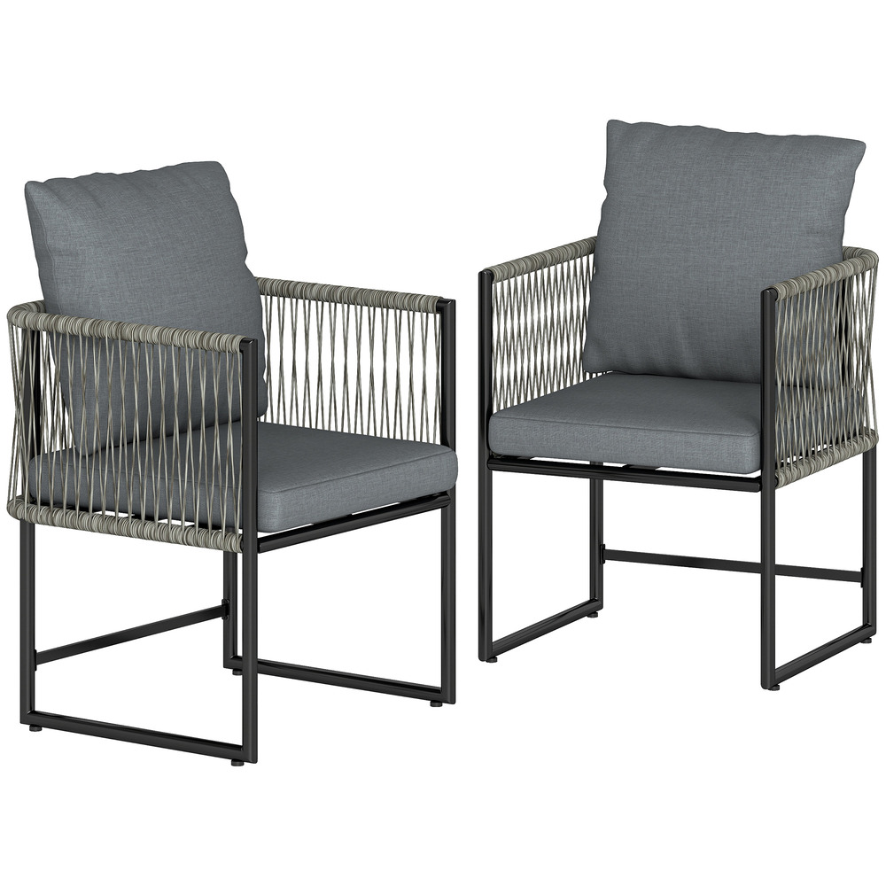 Lot de 2 chaises de jardin en acier et rotin pe avec coussins, accoudoirs, 52x52x66 cm, gris foncé