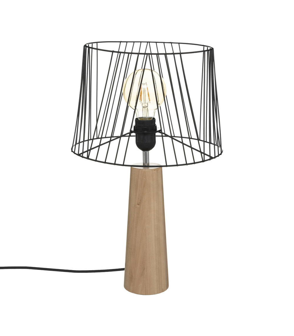 Lampe à poser en métal filaire noir et bois de pin h 46 cm