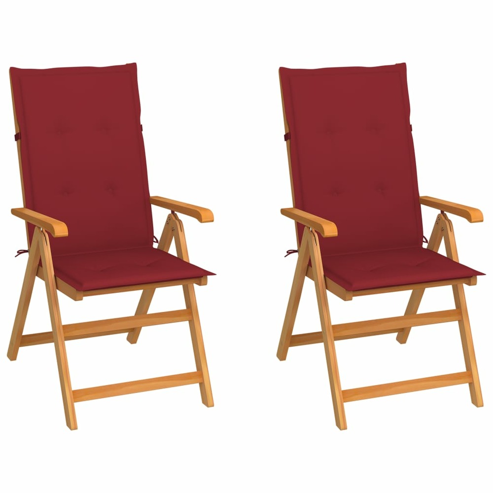 Chaises de jardin lot de 2 et coussins bordeaux teck massif