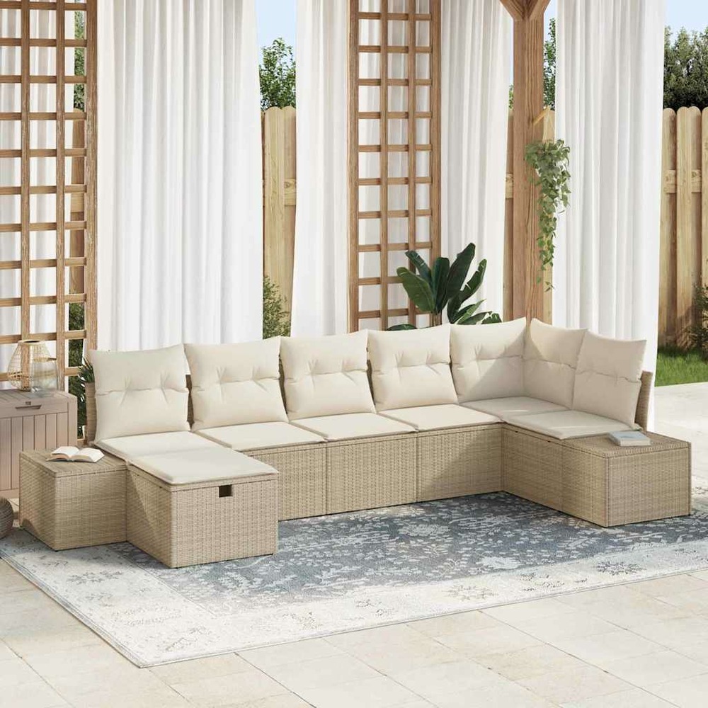 Ensemble de canapé de jardin avec coussin 7 pcs beige polyrotin