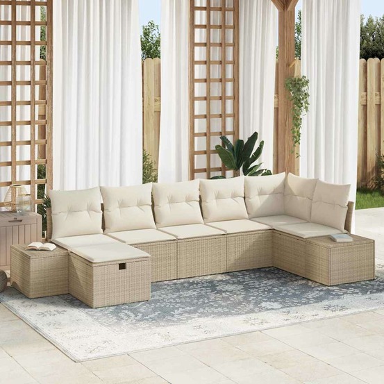 Ensemble de canapé de jardin avec coussin 7 pcs beige polyrotin