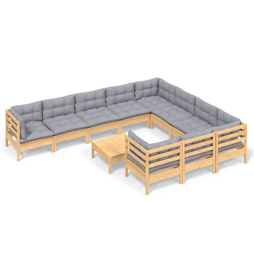 Salon de jardin 11 pcs avec coussins gris bois de pin