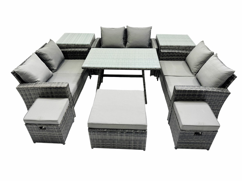 Salon de jardin avec table à manger rectangulaire canapé 2 places 3 tabourets 2 tables d'appoint gris foncé mixte