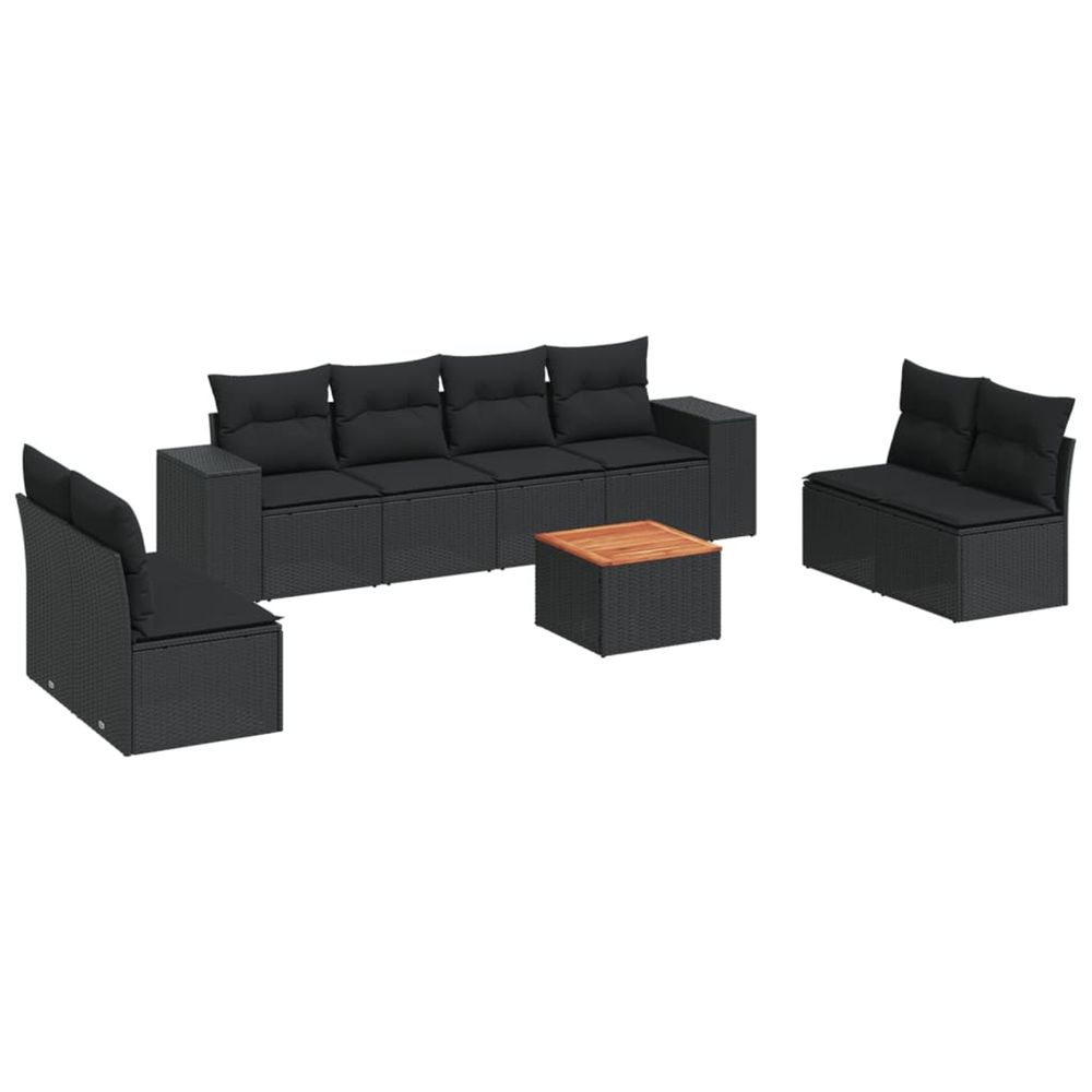 Salon de jardin 9 pcs avec coussins noir résine tressée