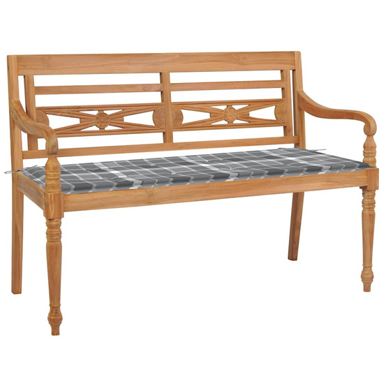 Banc batavia avec coussin à carreaux gris 120 cm bois de teck