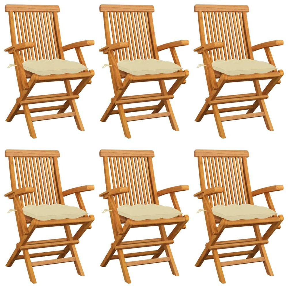 Chaises pliantes avec coussins blanc crème, 6 pièces, en teck massif