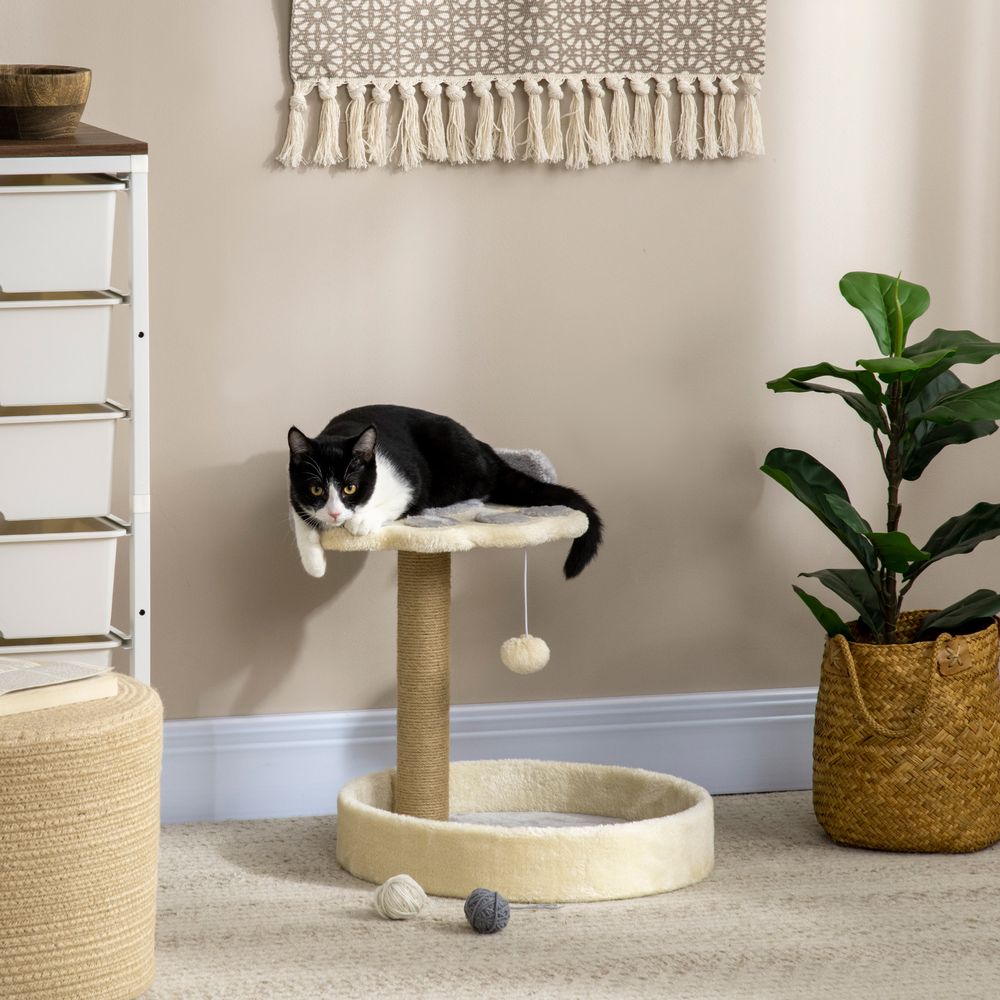 Arbre à chat griffoir grattoir en forme de patte 2 plateformes et un pompon suspendu hauteur 44 cm gris