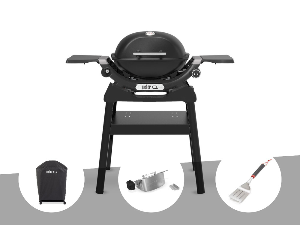 Barbecue à gaz q 1200n noir avec pied + housse + rôtissoire + spatule
