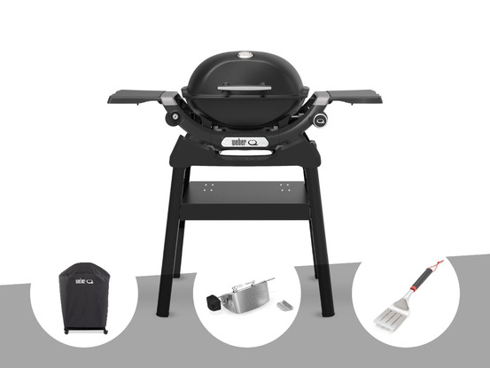 Barbecue à gaz q 1200n noir avec pied + housse + rôtissoire + spatule