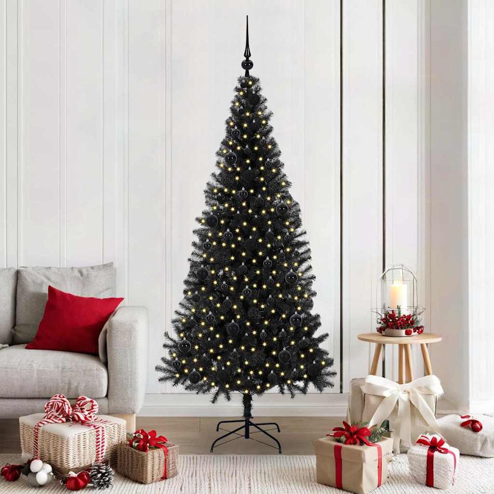 Sapin de noël noir chic 180 cm, kit décoration complet avec lumières led 8 modes