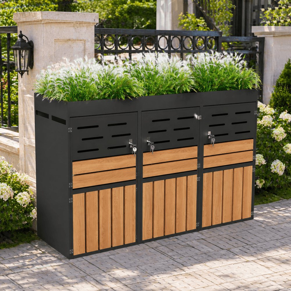 Cache-poubelle 3 compartiments acier galvanisé avec bac à fleurs 199x80x128cm gris - comfortxl outdoor living