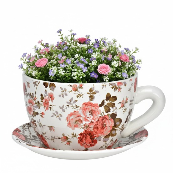 Vase ou cache pot en forme de tasse fleuries