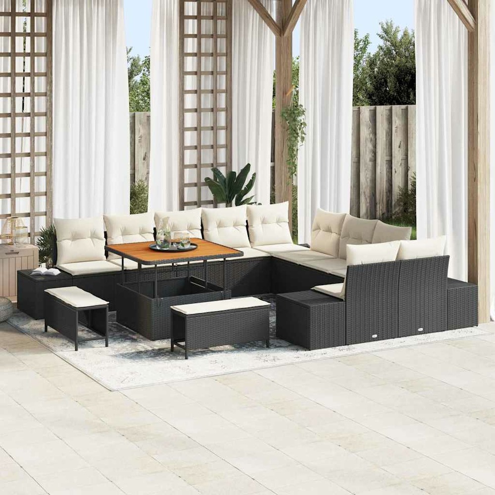 Ensemble de canapé de jardin avec coussin 13 pcs noir polyrotin