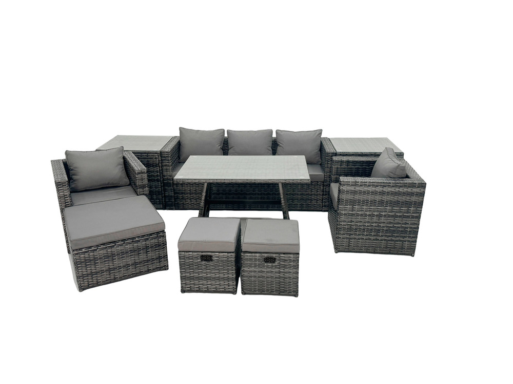 8 places meubles d'extérieur en rotin ensemble de canapés de jardin avec table à manger 2 fauteuil 2 tables d'appoint 3 tabourets