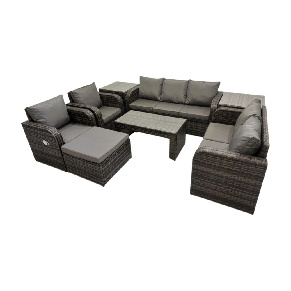 Salon de jardin exterieur ensemble de canapés en rotin avec table basse rectangulaire 2 tables d'appoint grand tabouret