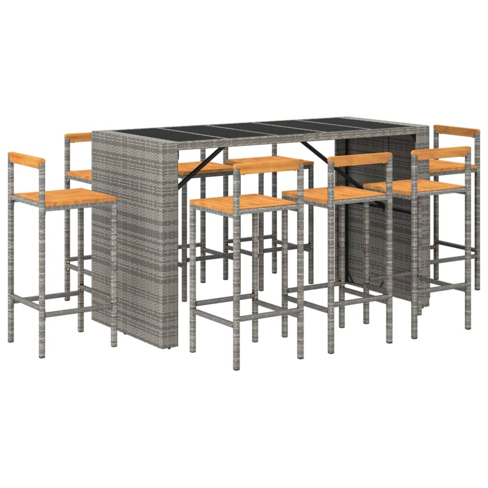 Ensemble de bar de jardin meuble extérieur terrasse 9 pièces gris poly rotin/bois massif acacia