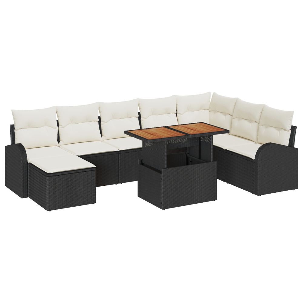 Set de salle à manger de jardin de 9 pièces avec coussins noir rattan poly acacia