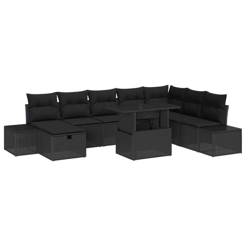 Set de canapés de jardin 9 pièces avec coussins noir en poly rattan