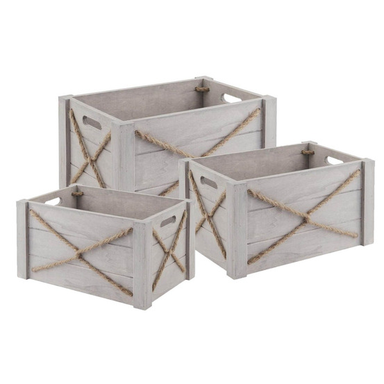 Caisse en bois patiné et corde (lot de 3)
