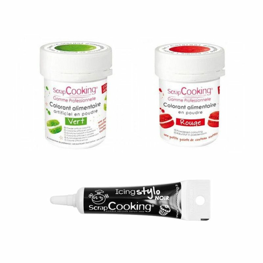 2 colorants alimentaires vert-rouge + stylo glaçage noir