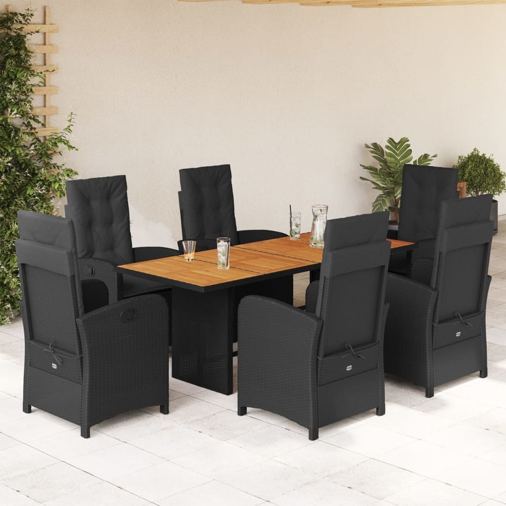 Ensemble à manger de jardin coussins 7pcs noir résine tressée