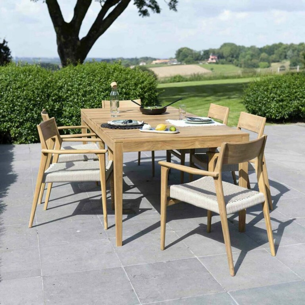 Ensemble en teck massif et cordage beige 6/8 places avec 6 fauteuils calvi