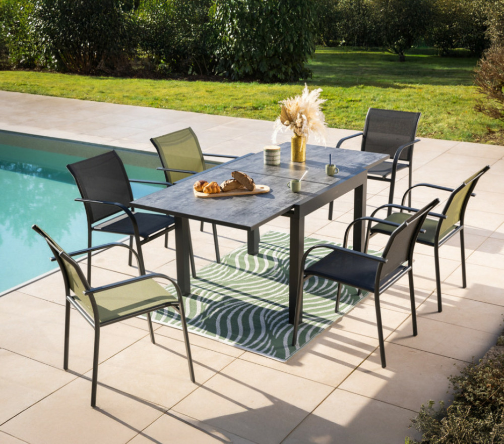 Ensemble table et chaises de jardin - 6 places - anthracite et vert - honfleur beziers ardoise