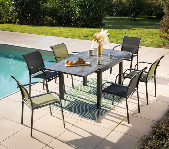 Ensemble table et chaises de jardin - 6 places - anthracite et vert - honfleur beziers ardoise