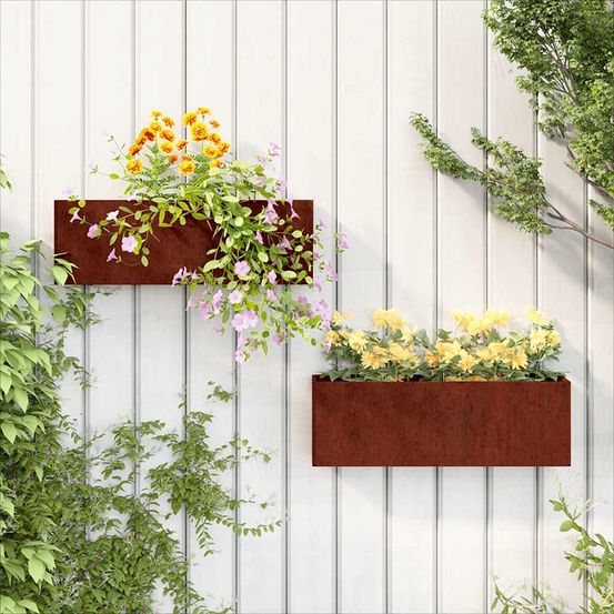 Ensemble 2 jardinières murales acier corten aspect rouillé pour décoration verticale brun 53x10x17cm