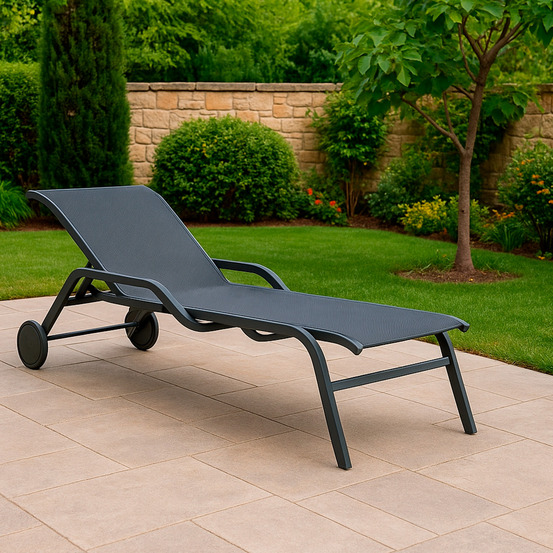 Chaise lounge noire en aluminium avec roues confort pour exterieur