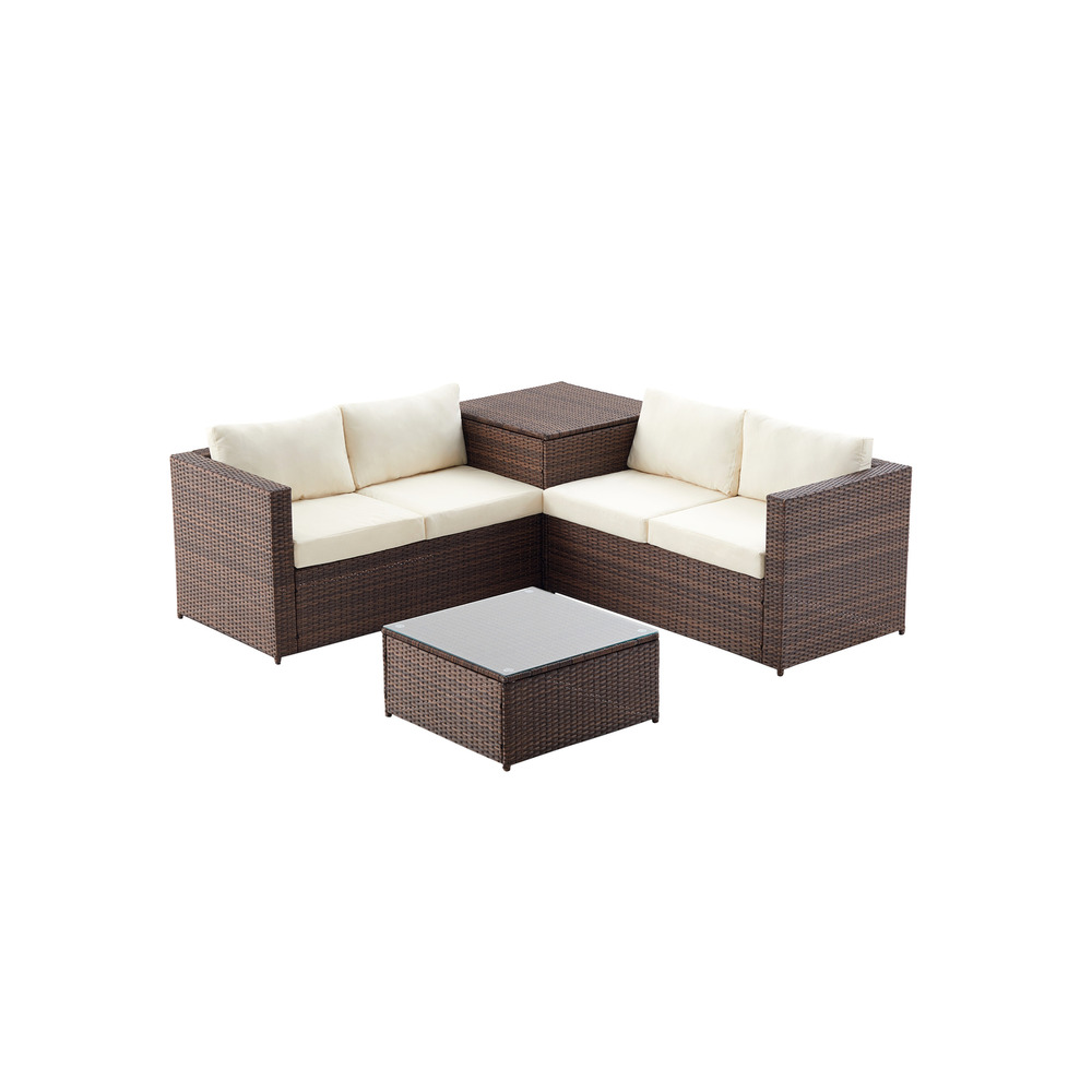 Salon de jardin en résine tressée 4 places avec coffre intégré marron et blanc silang