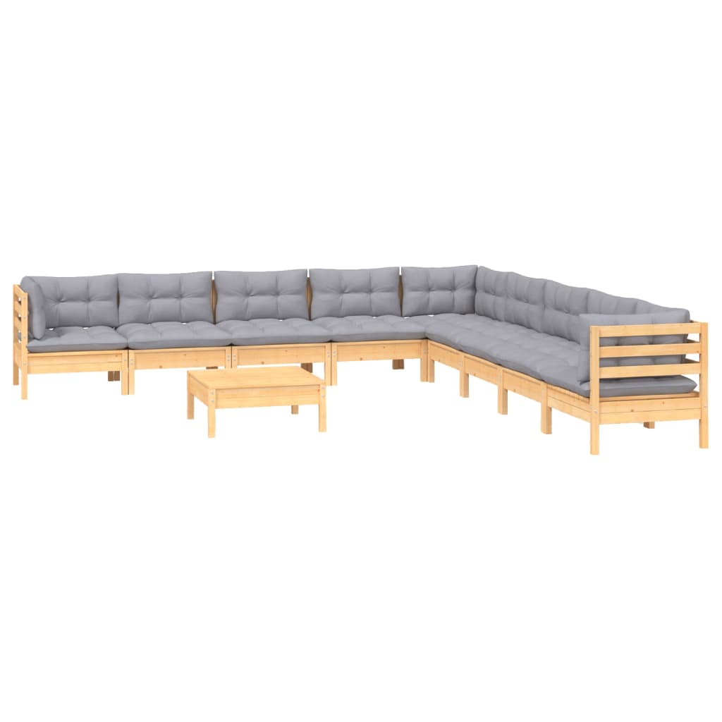 Salon de jardin meuble d'extérieur ensemble de mobilier 10 pièces avec coussins gris bois de pin solide