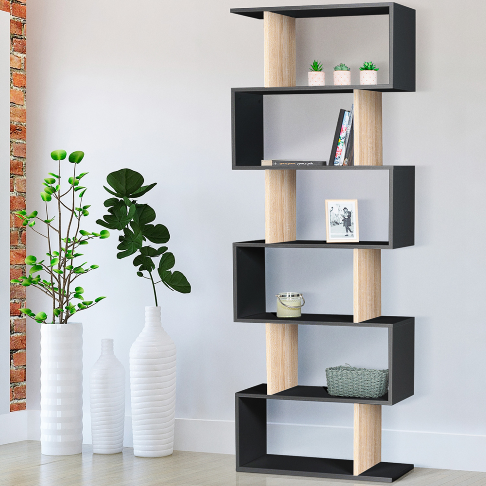 Etagère bibliothèque sofia forme s bois façon hêtre et noir 189 cm