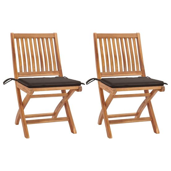 Chaises pliantes (lot de 2) avec coussins taupe, en bois de teck massif