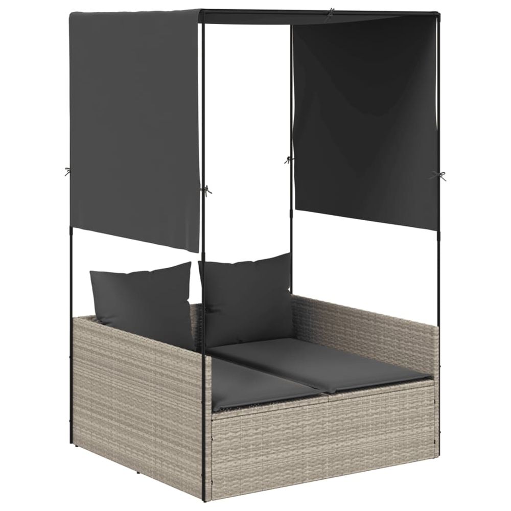 Chaise longue double avec toit et rideaux gris clair poly rotin bain de soleil