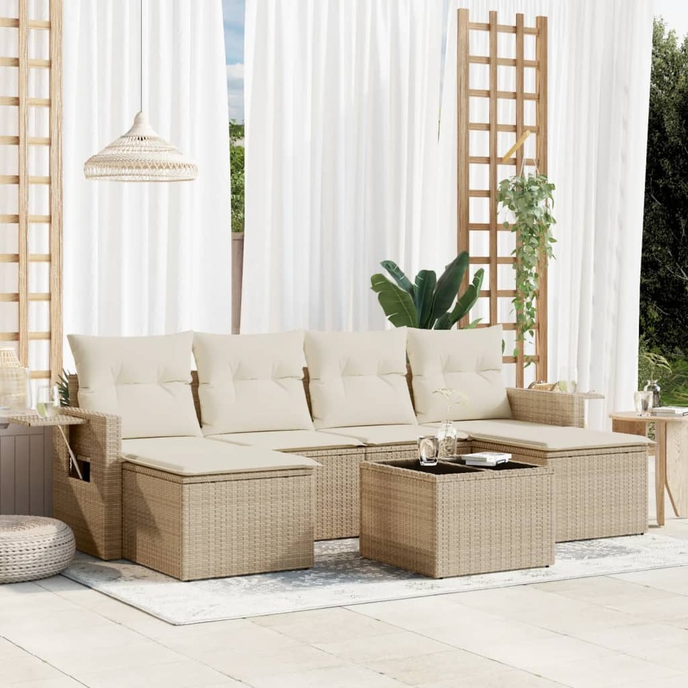 Salon de jardin avec coussins 7 pcs beige résine tressée