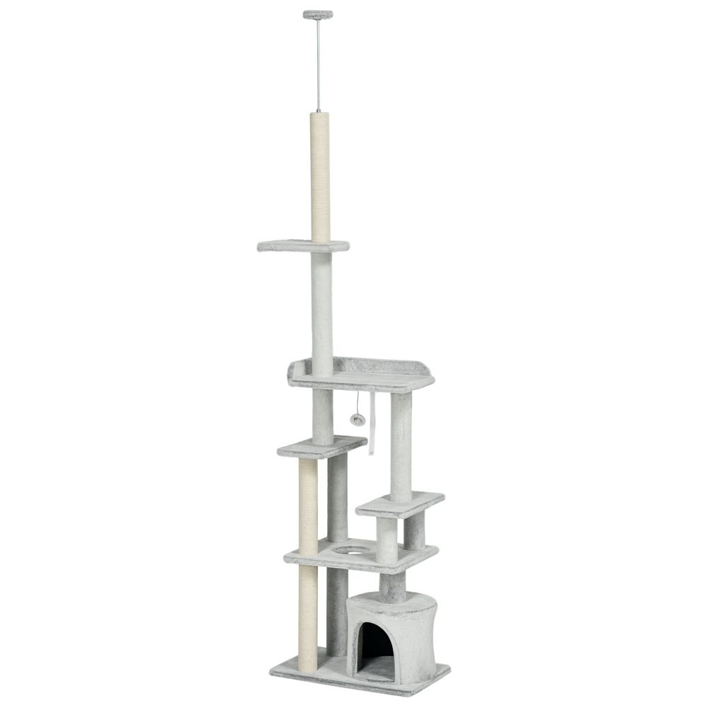Arbre à chat plafond en bois pour multi-chats avec griffoir coton réglable 255cm gris