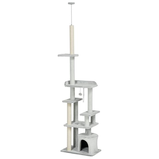 Arbre à chat plafond en bois pour multi-chats avec griffoir coton réglable 255cm gris