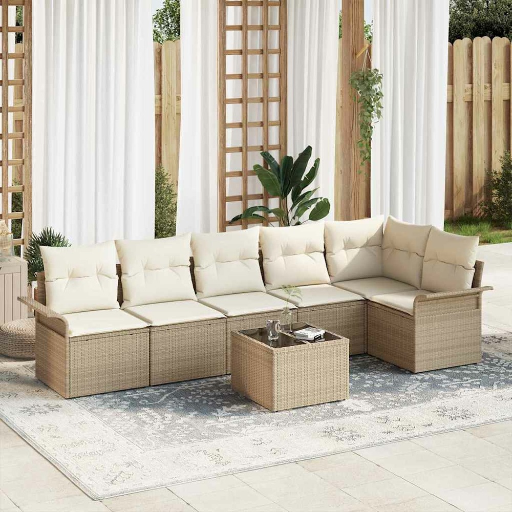 Ensemble de canapé de jardin avec coussin 7 pcs beige polyrotin