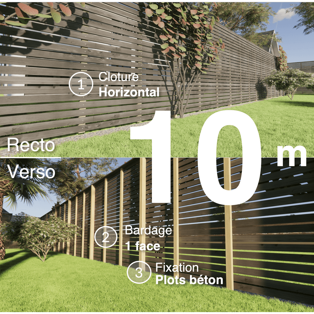 Kit clôture bois moderne 10m – h 2,3m – 20 x 70 mm noir par trempage – pose horizontal – simple face – à sceller