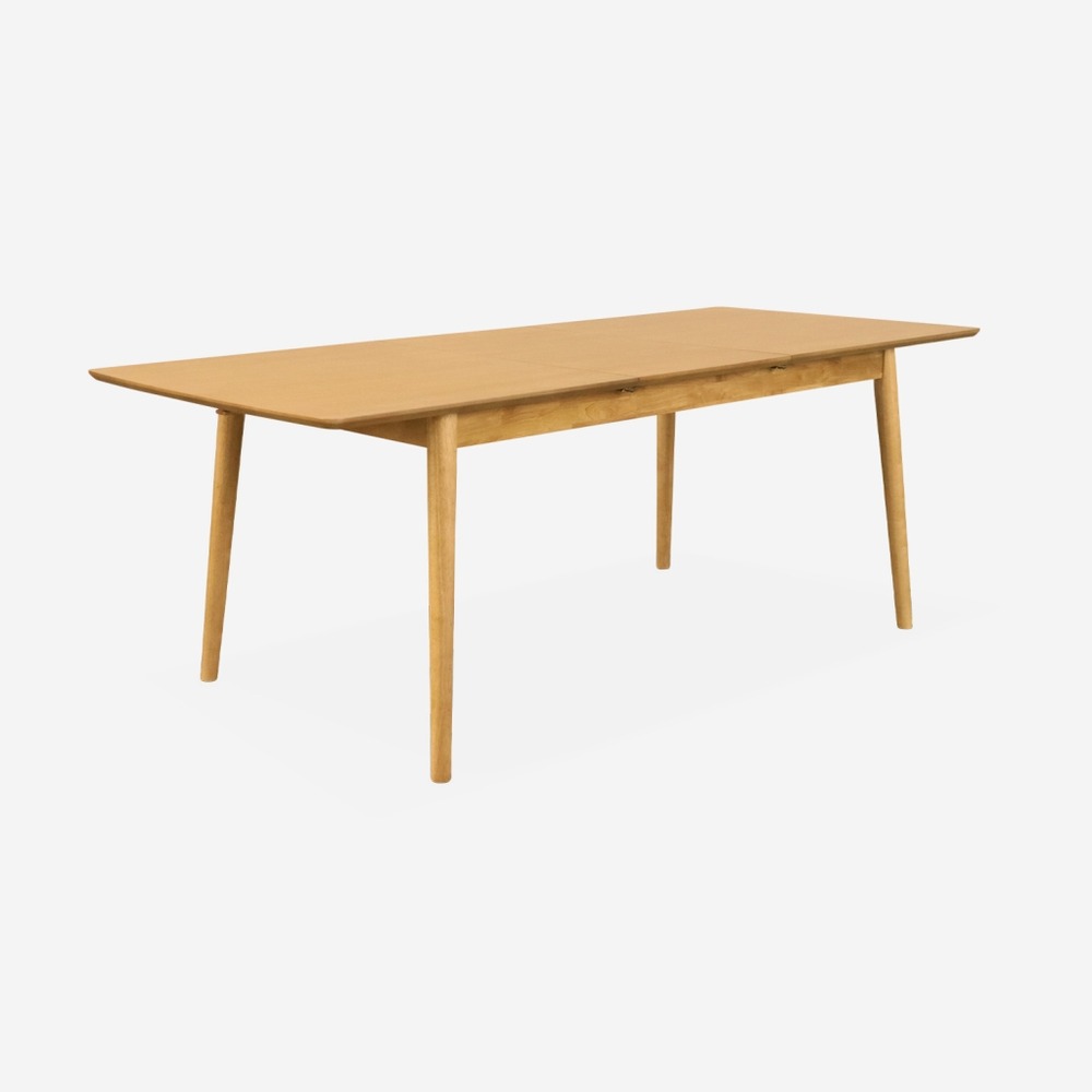 Table à manger extensible lina placage bois de chêne, pieds en bois d'hévéa, 6 à 8 places, 160 à 210cm