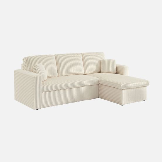 Canapé d'angle convertible réversible en tissu effet fourrure côtelé blanc crème - ida - 3 places, fauteuil d'angle réversible