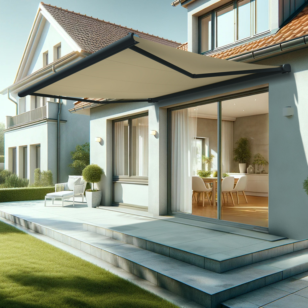 Store banne coffre intégral hevoa 4,10x3,50 m (manuelle - gris anthracite stucturé ral7016st - écru)