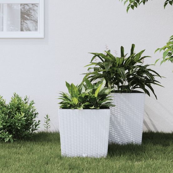 Pot carré plastique aspect rotin aménagement terrasse bac amovible 32x32cm blanc